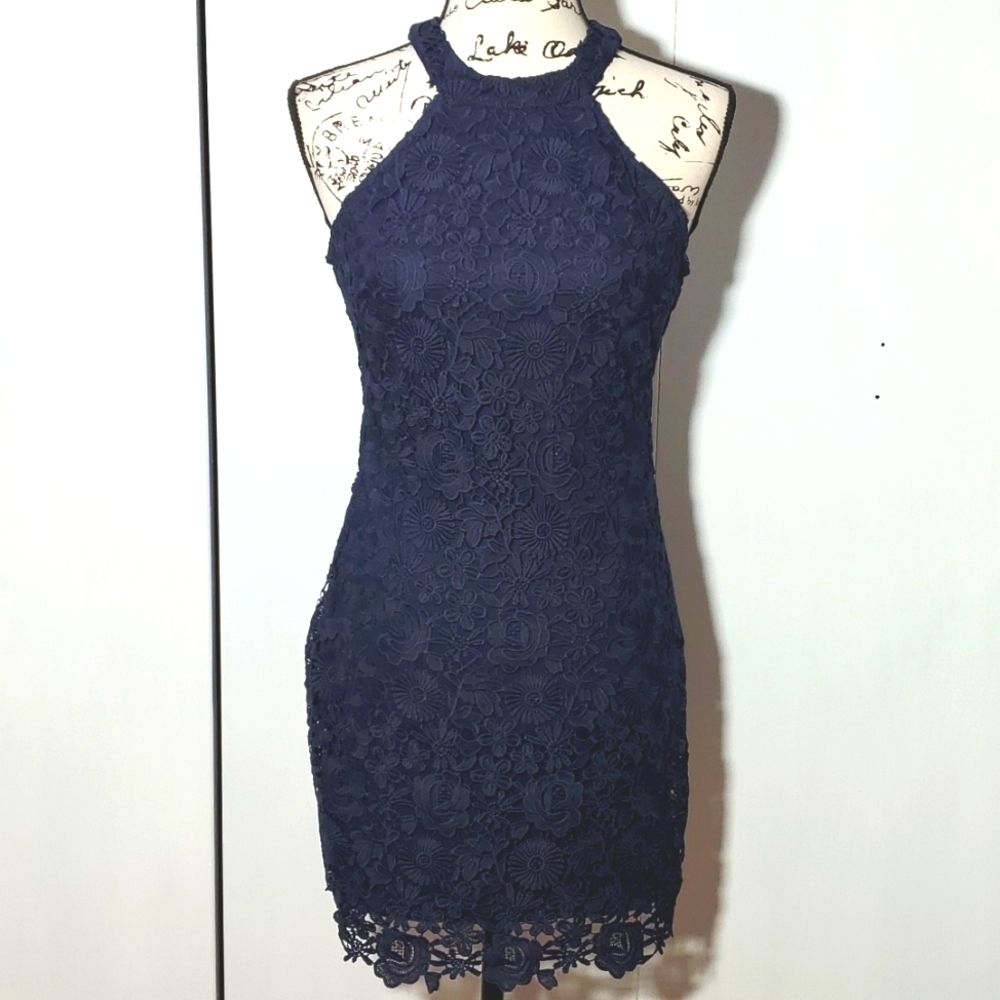 Lu Lu's|  Women's Navy Blue Crochet Halter Mini Dress Mod Chic Sz.S
